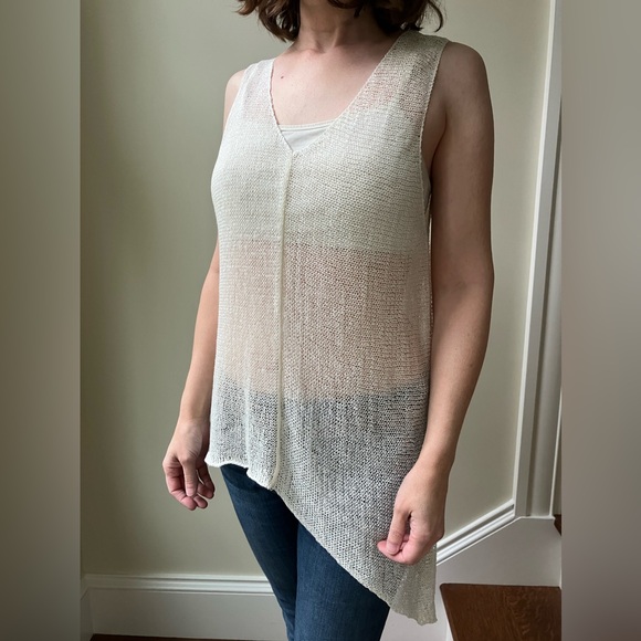 Eileen Fisher linen nylon blend open knit tank top asymmetrical beachy coastal M - Picture 2 of 5